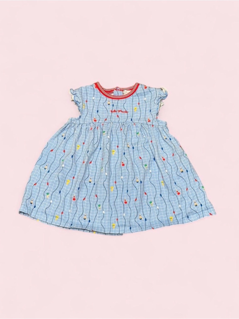 Tutto Piccolo Baby Girl 24M Blue Pool Print A-Line Dress Red Stripe Trim Cotton